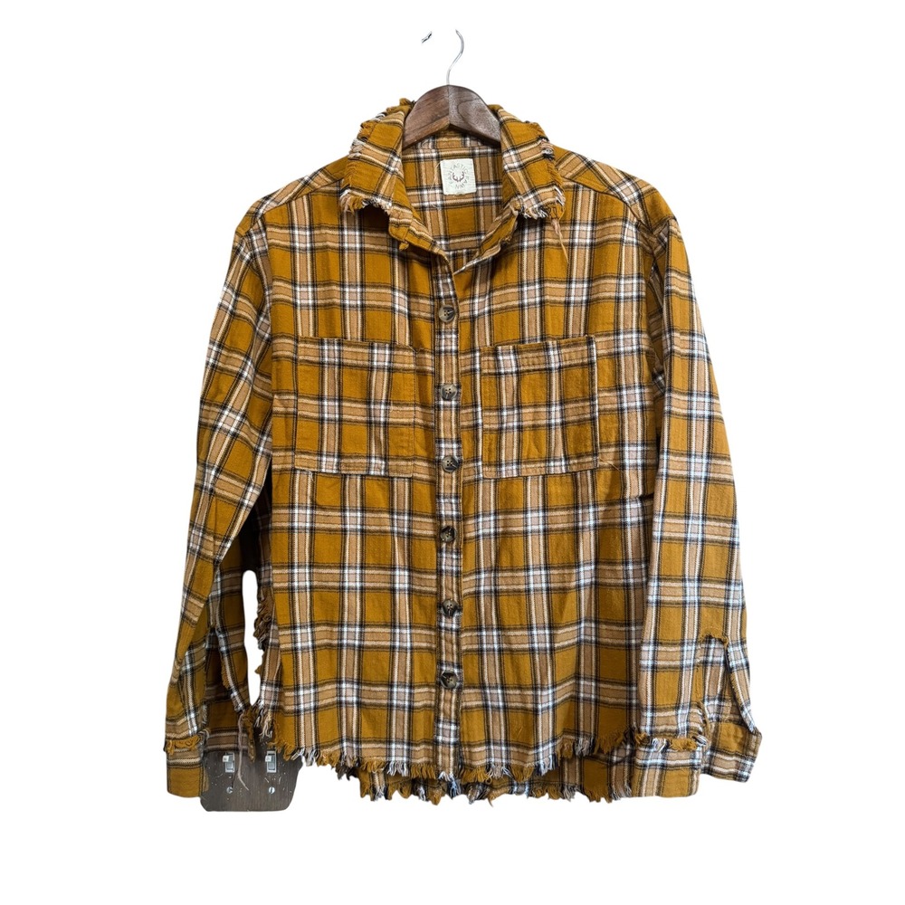 Fantastic Fawn Plaid Shirt Womens Medium Mustard Yellow Excellent Distressed Hem